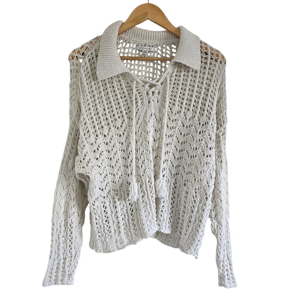American Eagle Crochet Open Knit Polo Shirt Size M Cream Tassel Cottage Beachy